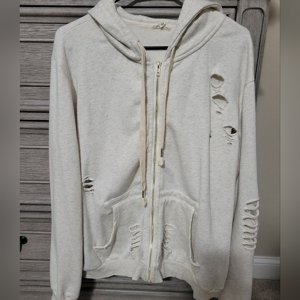 POL Cream Distressed Zip-Up Hoodie. New Condition